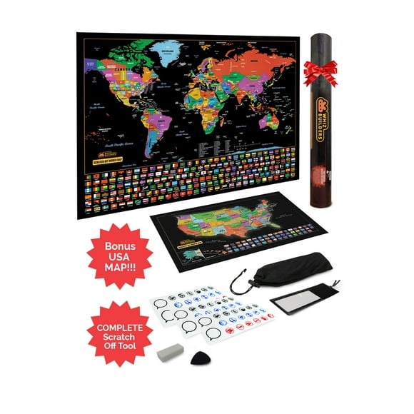 Scratch Off Map of The World/United States USA, Scratchable Travel Wall Art, Large World Map Poster, Travel Tracker US State & Country Flags - Memory Stickers, Magnifier & Scratch Art Tool