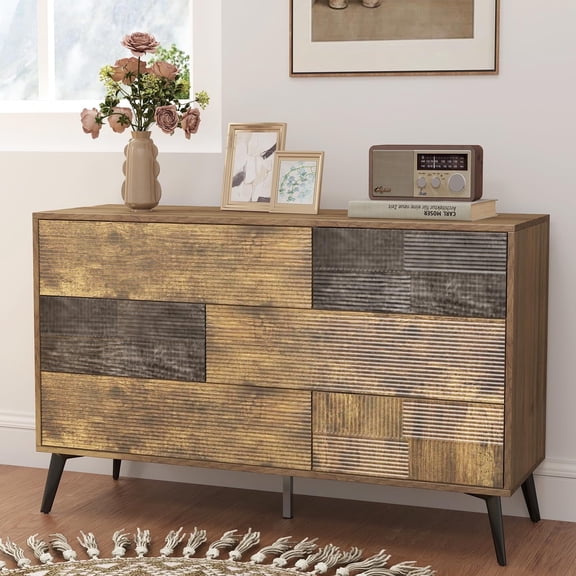 Longtingus 47” Rustic Brown Fluted 6-Drawer Dresser – Modern Handleless Wooden Chest for Bedroom, Hallway, Dining Room, and TV Stand