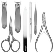 GERMANIKURE 7pc Manicure Set in Black Leather Case - FINOX Stainless Steel Tools Made in Germany, Glass Nail Care Supplies Made in Czech Republic – Professional Cuticle and Nail Care Kit