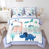 Homewish Kawaii Dinosaur Kids Bedding Comforter Set 7 Pieces, Cute Cartoon Animal Full Bedding Set, Triangle Abstract Reversible Fitted Sheet Flat Sheet, Microfiber Bedroom Decor