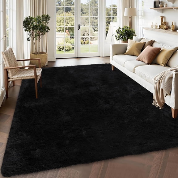 Cozy Shag Area Rug 4x6ft Ultra Soft Washable Carpet with Non-Slip Backing Modern Tie-Dye Accent for Living Room Bedroom Nursery Home Office Dorm ā Black