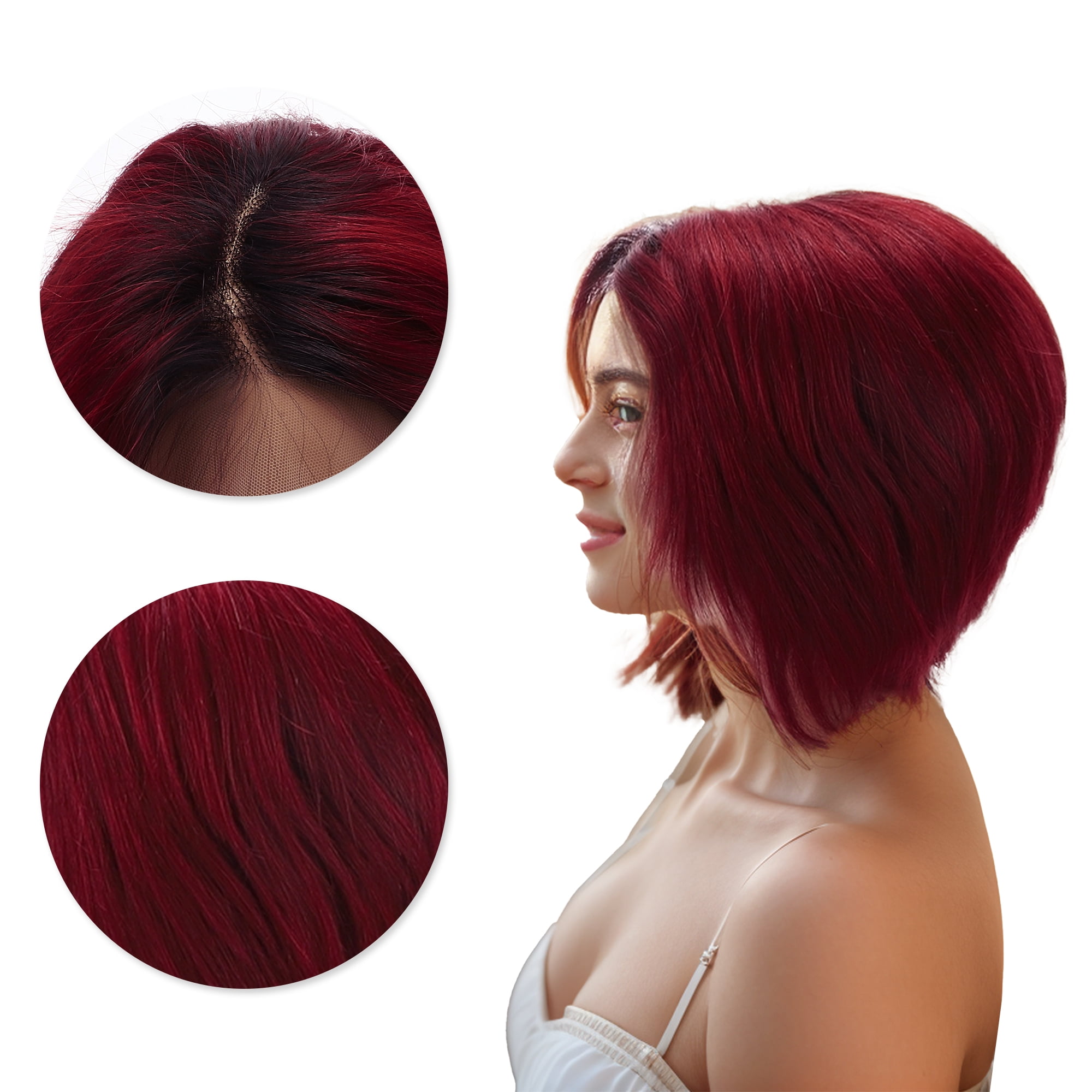 Unique Bargains 1 Pc Straight Short Hair Hair Wig Real Human Hair 6in 13x4x1in 150 Human Wig Black Red for Women