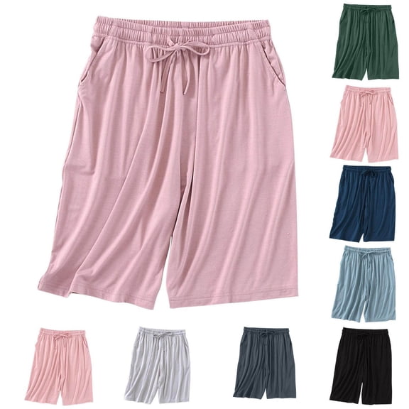 Tranfacy Women Summer Pajamas Solid High Waist Plus Size Five Point Bottom with Side Pockets Thin Daily Indoor Loungewear Shorts