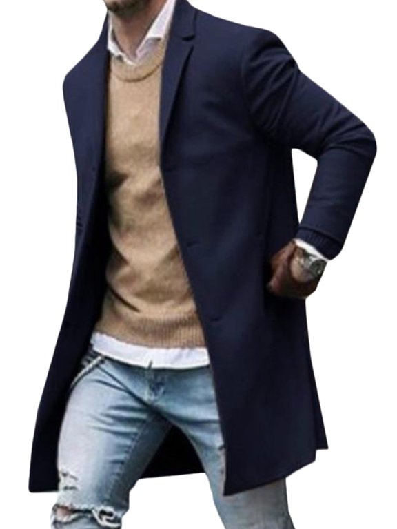 Men Wool Coat Winter Trench Outerwear Warm Overcoat Long Sleeve Button Up Jacket