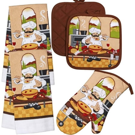 

Collection 5 Piece Chef Kitchen Linen Decor 2 Potholders 1 Oven mitt 2 Towels Set