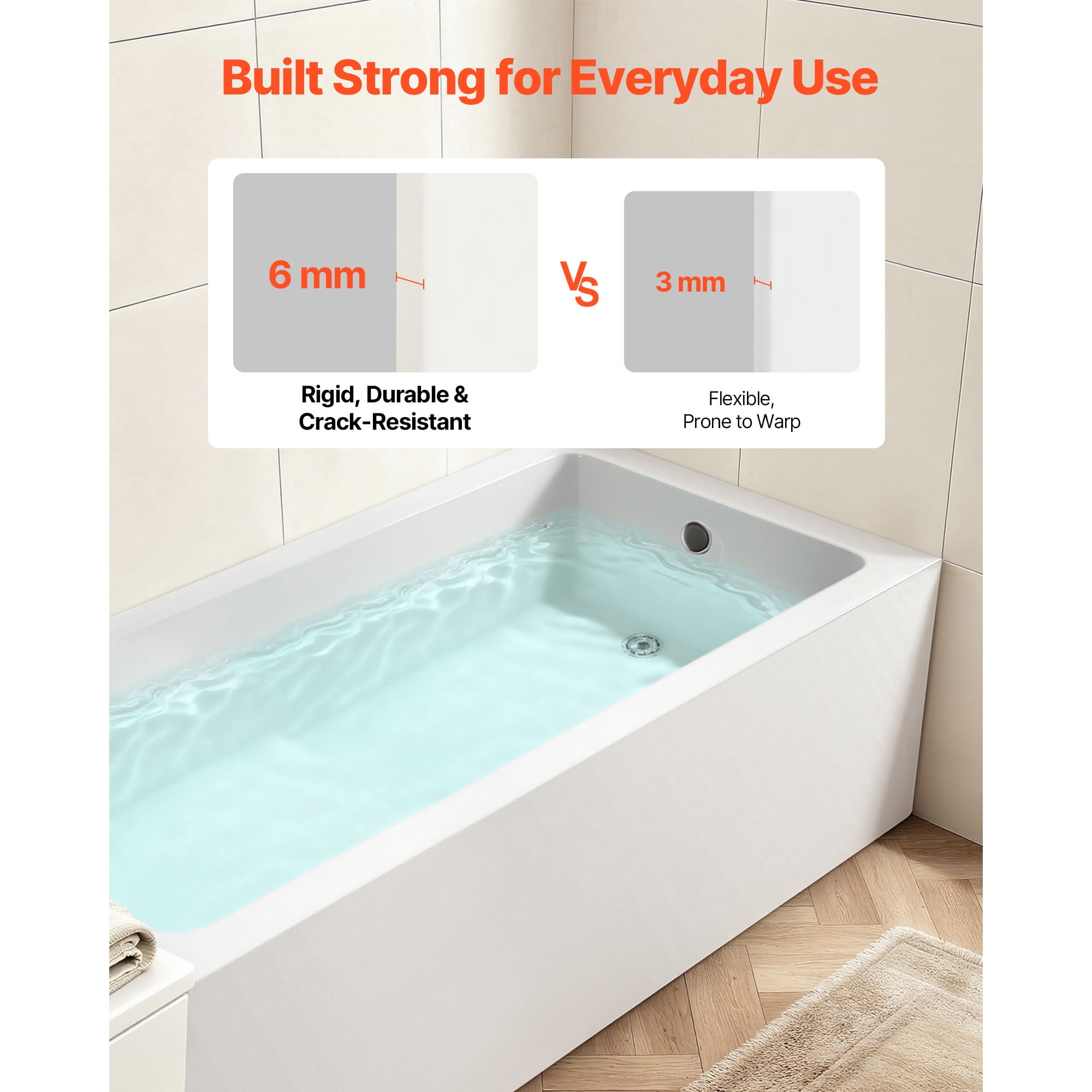 KFFKFF 54" x 30" Modern Alcove Acrylic Bathtub, Deep Soaking Tub with Right-Hand Drain and Overflow, Spacious Rectangular Bath for Bathroom with Built-In Flange, White