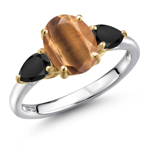 Gem Stone King 925 Silver and 10K Yellow Gold Brown Tiger Eye and Black Onyx Engagement Ring for Women | 2.26 Cttw | Oval 9X7MM | Gemstone Birthstone | Size 7