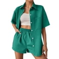 thumbnail image 2 of ibiyuan 2 Piece Short Sets for Women Summer Short Sleeve Button Down High Low Shirt and Shorts Casual Beach Vacation Set, 2 of 5