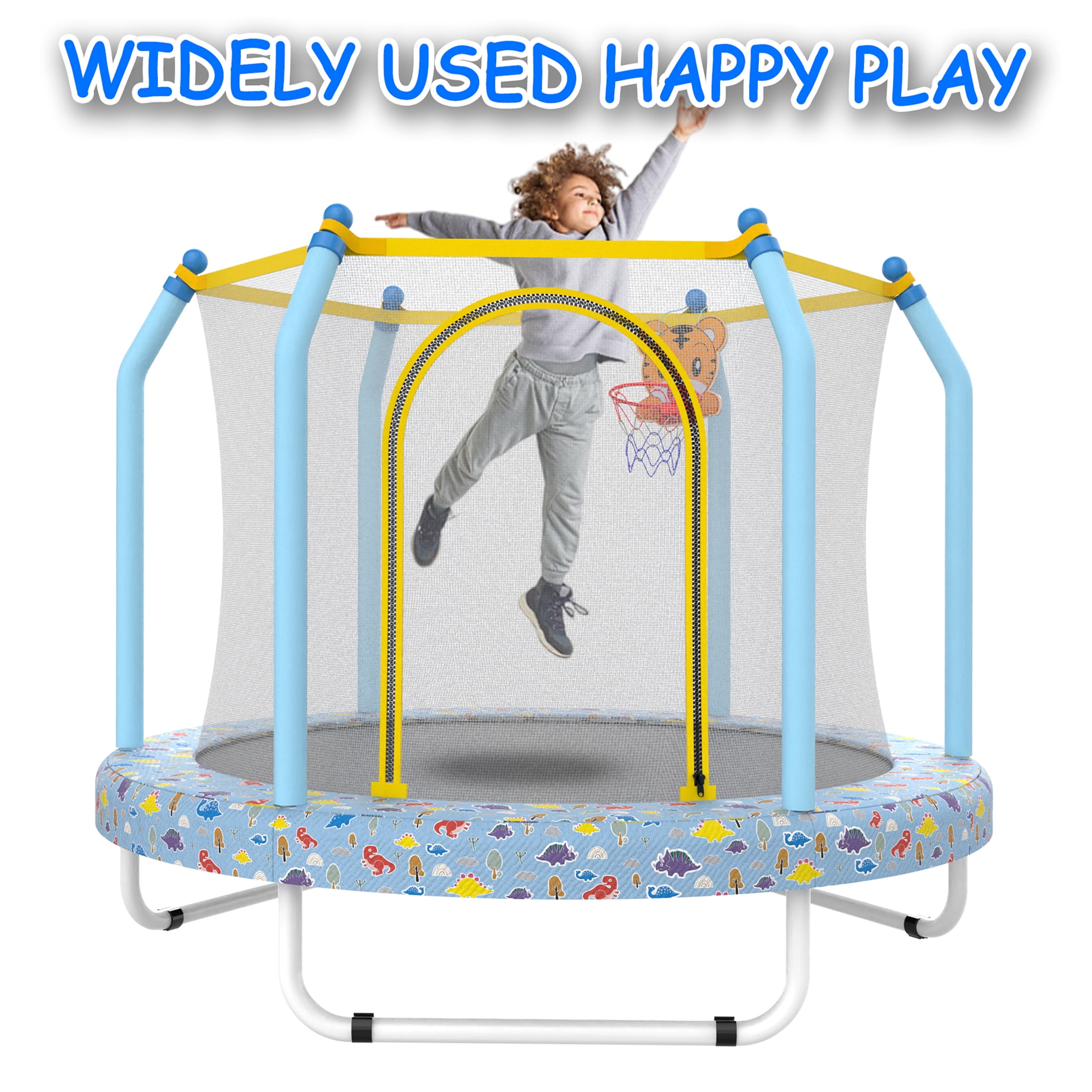 JERFIT 55" Kids Trampoline with Basketball Hoop, ASTM Certified Indoor/Outdoor Jungle Themed Bouncer for Toddlers with Safety Enclosure Net
