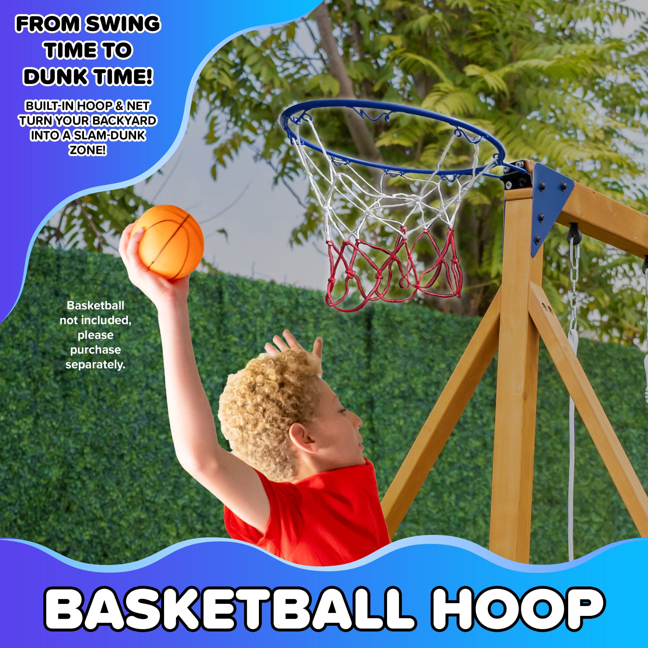 Sportspower Addison Hoop-n-Swing Wooden Swing Set with Basketball Hoop, Double A-Frame, Sling Swings, Lifetime Warranty on 5-FT Slide, & Bonus Anchor Kit - for Ages 3-8