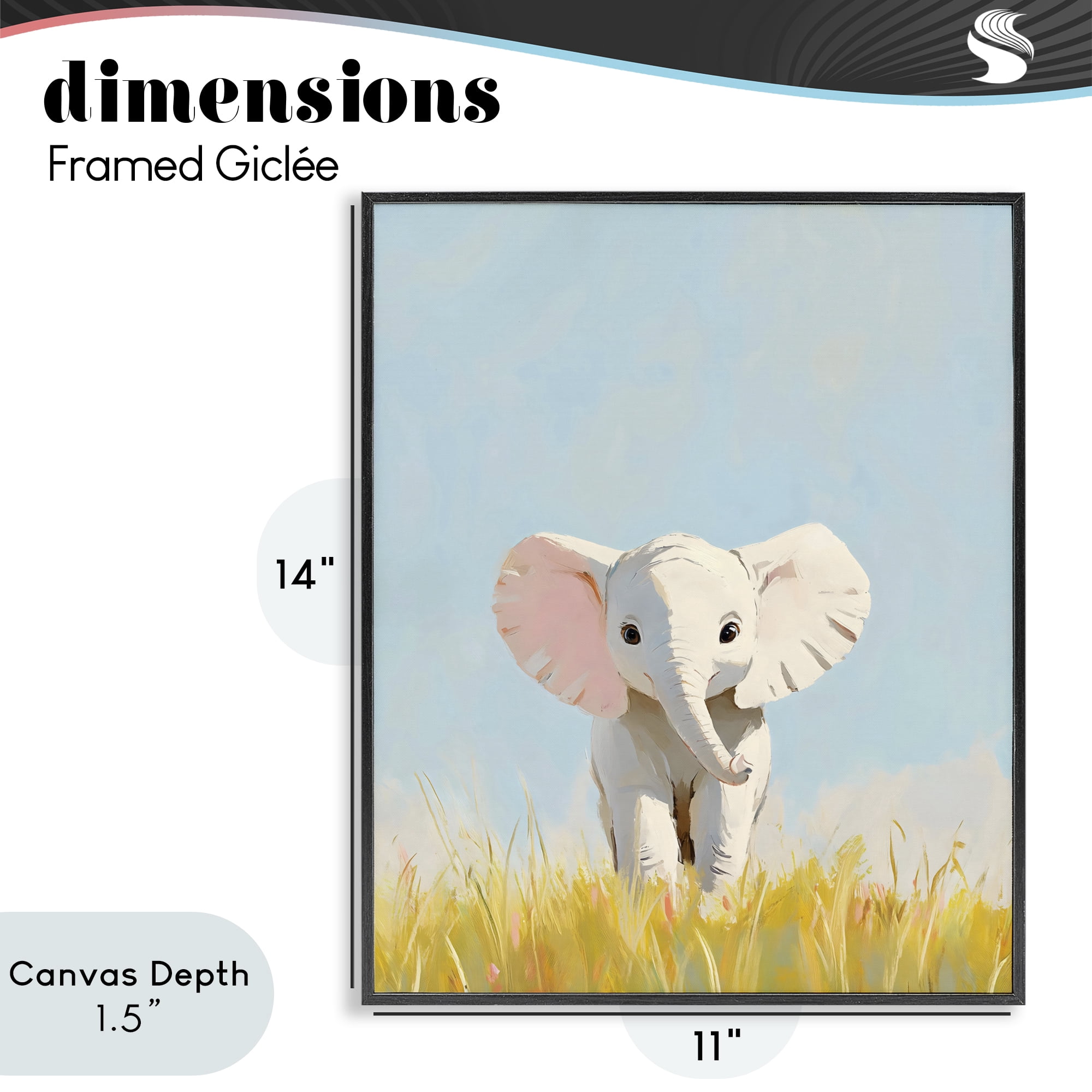 Stupell Industries White Baby Elephant in Grass Black Framed Giclee Art, design by The Prints Vibe