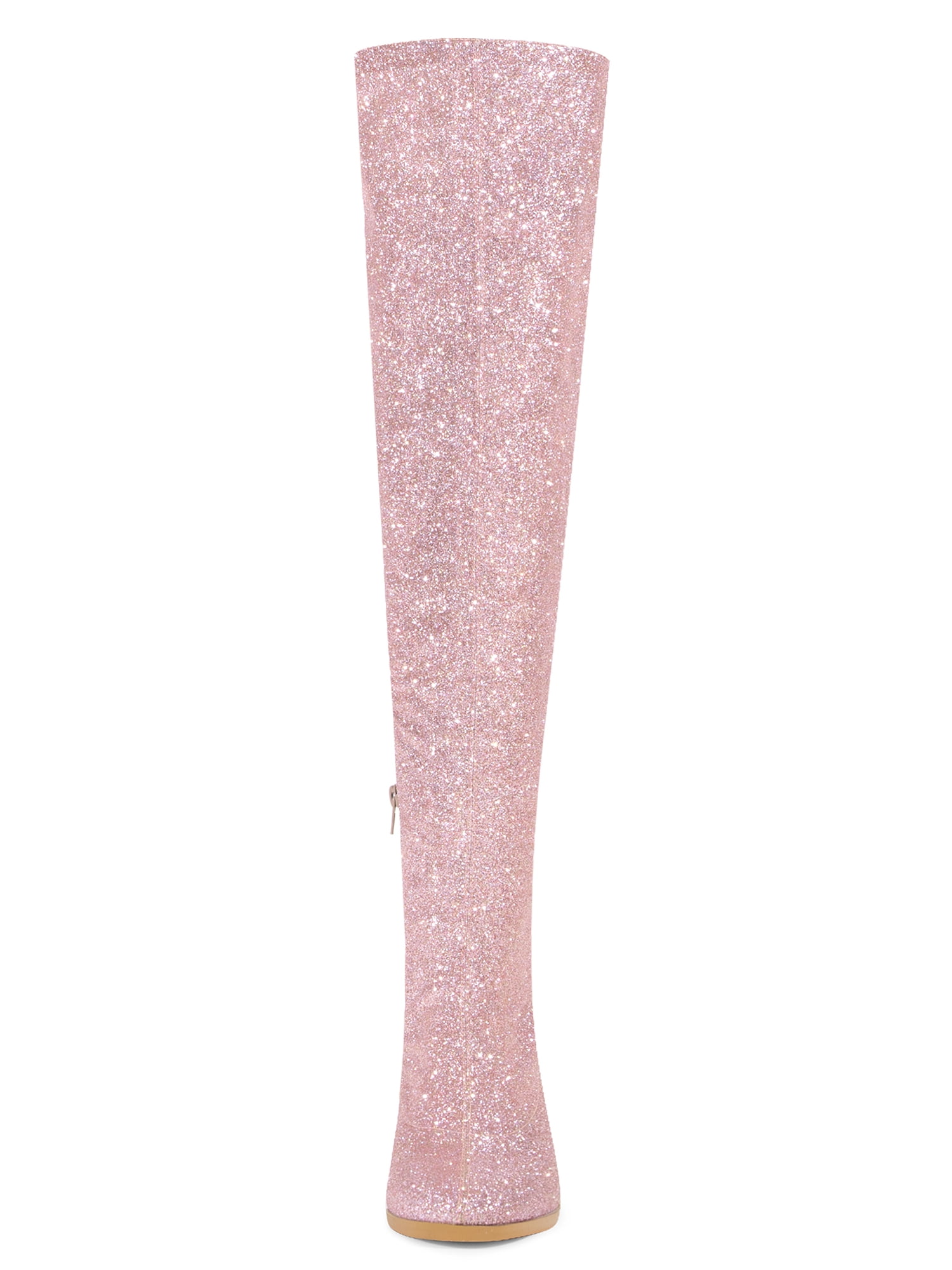 DARING DIVA Women's Glitter Round Toe Chunky Heel Over the Knee High Boots Pink 9