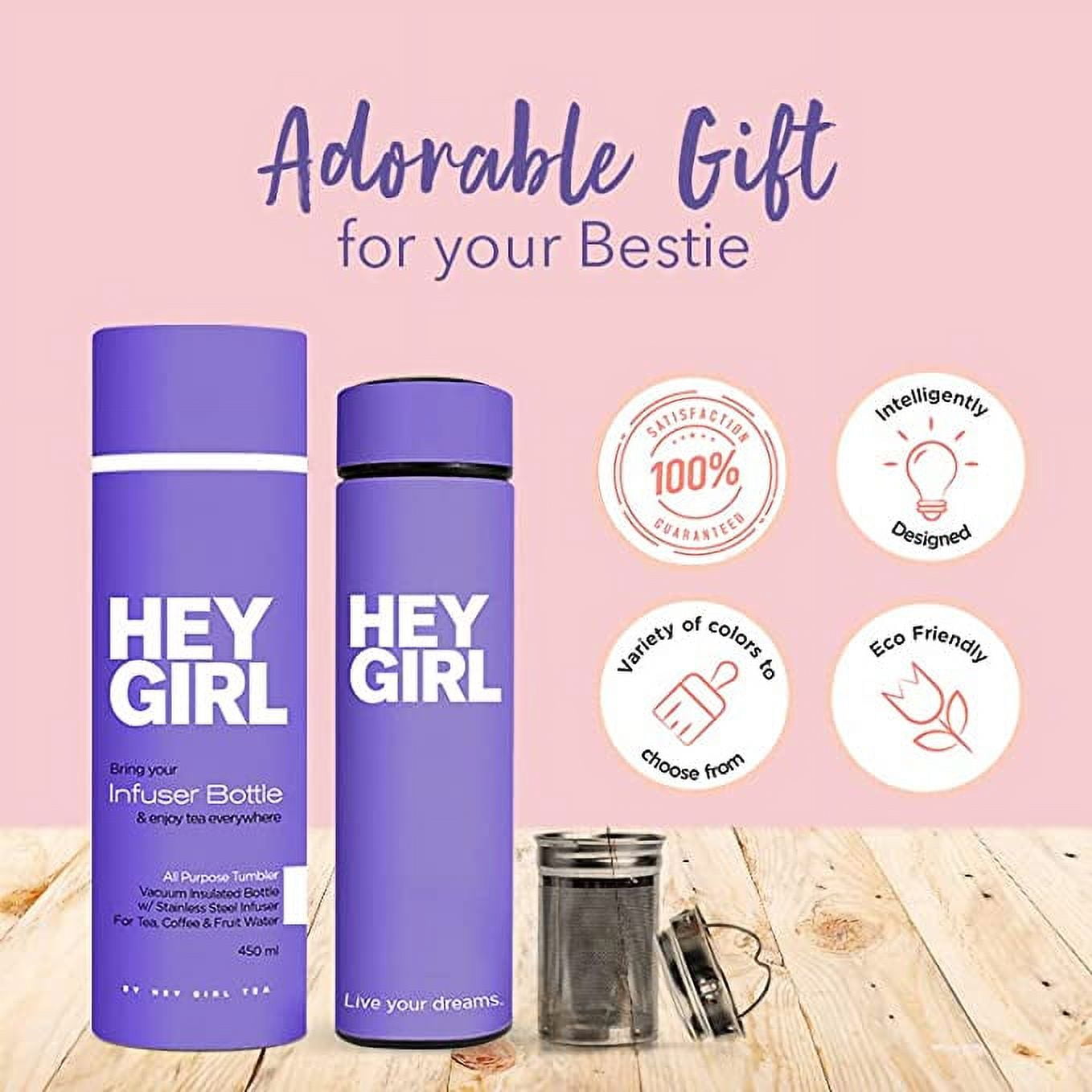 Hey Girl Tea Infuser Bottle 450ml - Insulated Stainless Steel Water Bottle (Deep Purple)