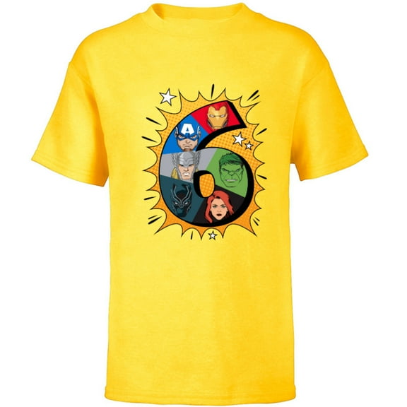 Marvel Avengers Comic Super Heroes 6th Birthday - Short Sleeve T-Shirt for Kids - Customized-Yellow
