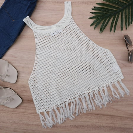 Clearance Sale Women s Crochet Swim Cover Up Halter Neck Bikini Tank Top with Tassel Sleeveless Hollow Out Knit Summer Shirt Crochet Swimwear Top XS-XL