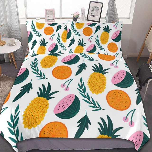HAHDAXIA Fruit Pattern Bedding Solid Comforter Set for All Seasons,3 Pieces(1 Comforter+2 Pillowcases),Soft Microfiber Bedding Set Queen(90"x90")