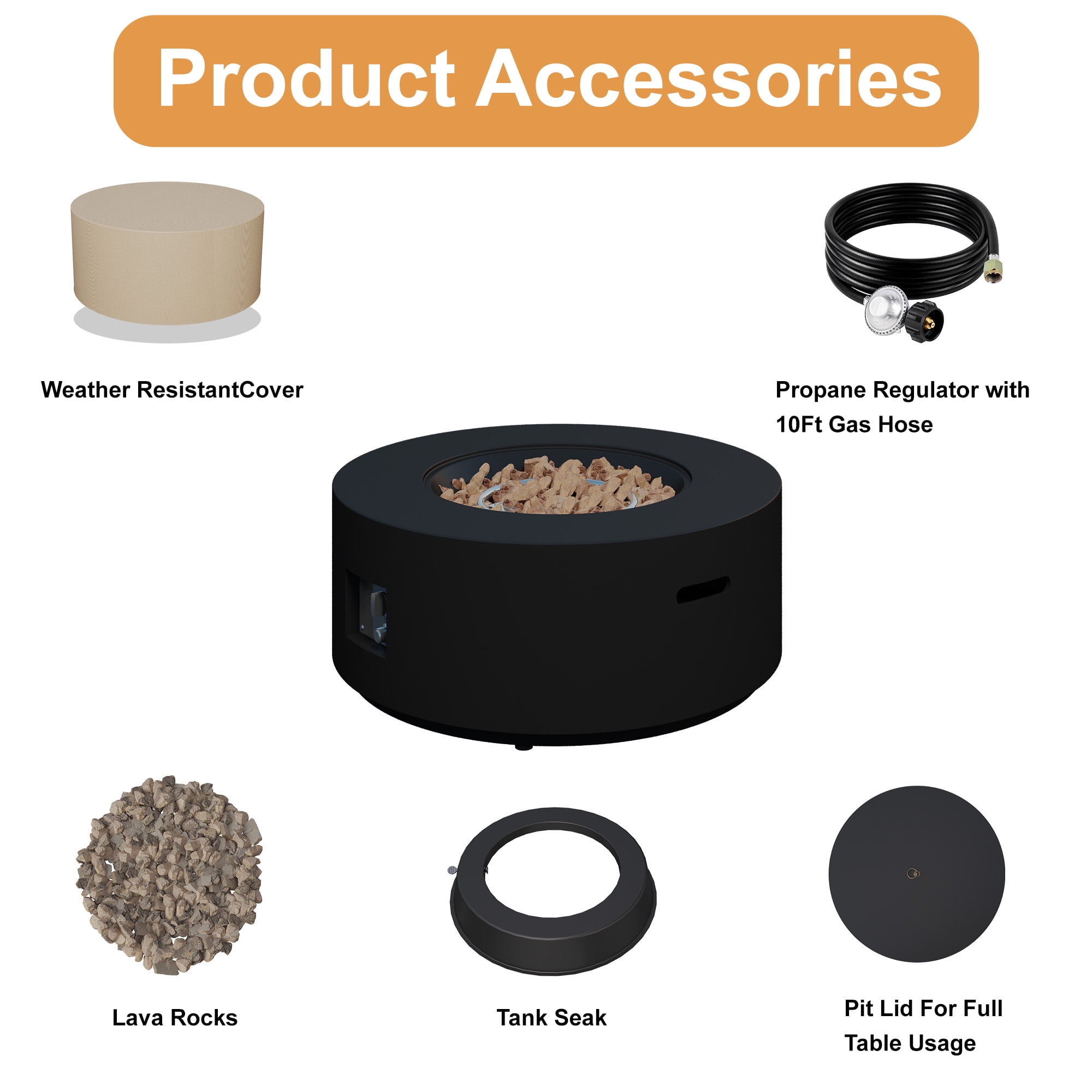 HongTaoK 32.5" Round Propane Fire Pit Black 50K BTU with Lava Rocks, and Eco-friendly, Black