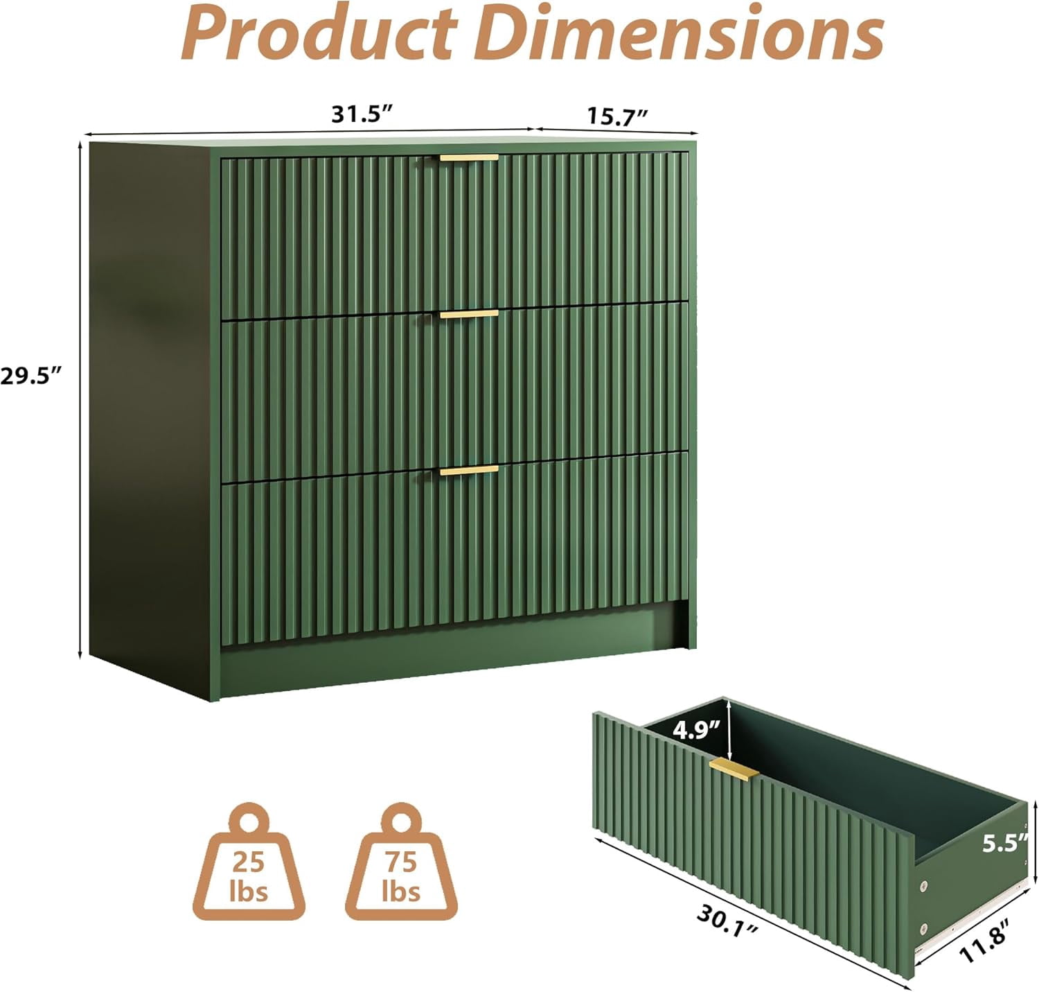 FURNIWAY 3 Drawer Fluted Dresser, 32 Inch Wide Nightstand with Large Drawer, 3 Drawer End Table for Bedroom, Living Rooms, Offices and Entryways,Green