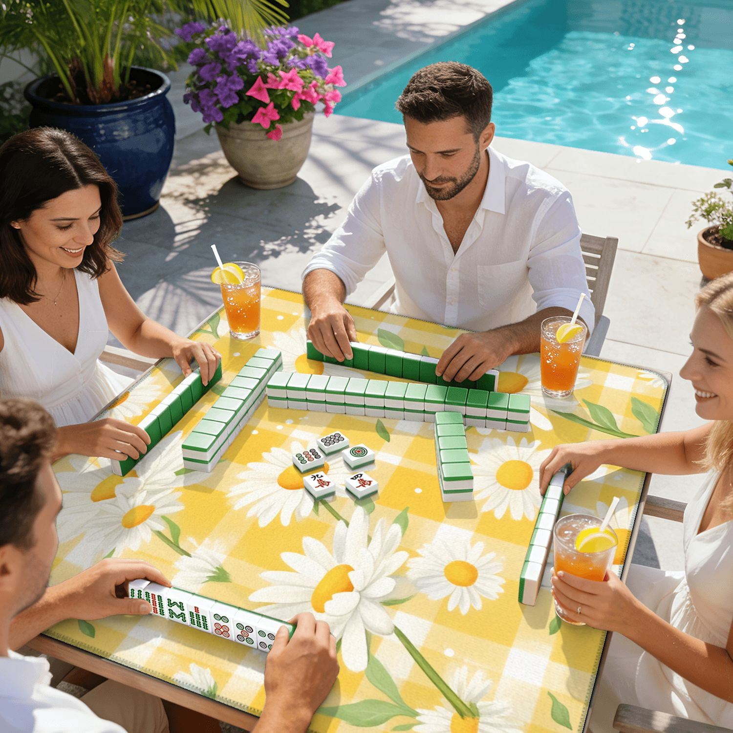 Mahjong Mat 31.5" x 31.5" White Daisies Yellow Checkered Non-Slip Noise Reduction American Mahjong Tiles Table Cover for Dominoes Poker Card Board Games Gift