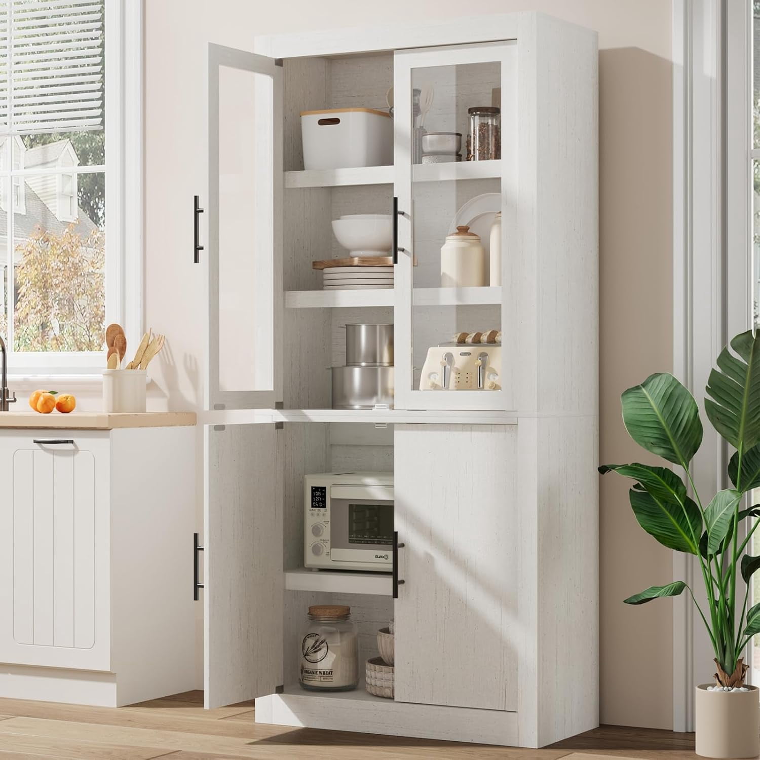 Garvee Farmhouse Pantry Cabinet, 2 Glass Doors & 2 Wood Doors, 30 x 14.5 x 70.4", White