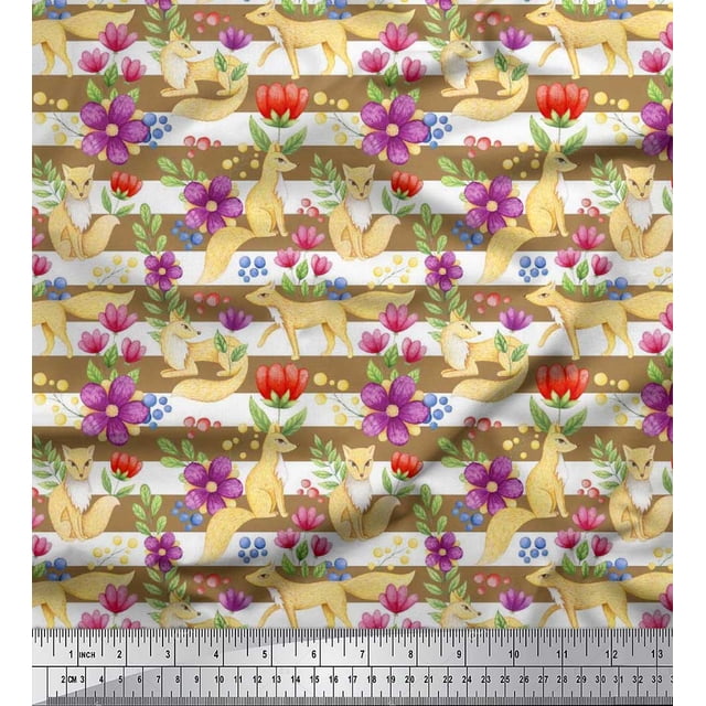 Soimoi polyester Crepe Fabric Stripe,Floral & Fox Animal Printed Fabric 1 Yard 52 Inch Wide