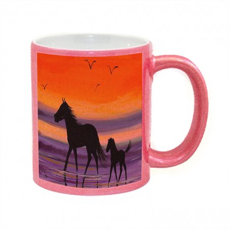 11 Ounce Pink Mug KuzmarK Pink Sparkle Coffee Cup Mug 11 Ounce - Beach Ponies at Twilight Horse Art by Denise Every ()