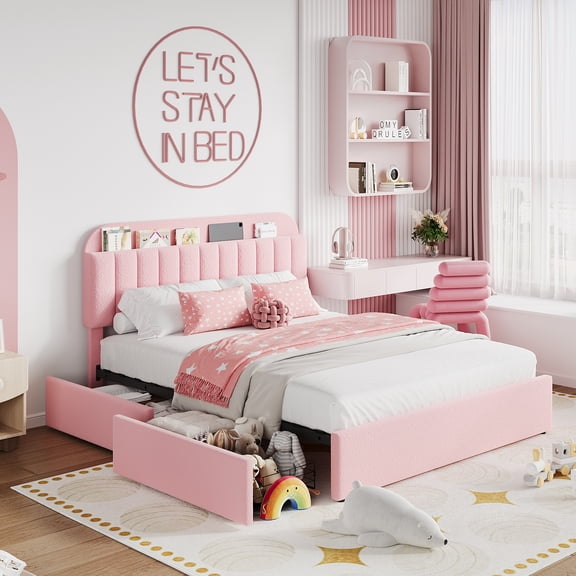 Festisoul Queen Bed Frame with Storage Headboard & 2 Drawers, Boucle Upholstered Platform Bed with Bookcase, No Box Spring Needed, Noise Free, Pink