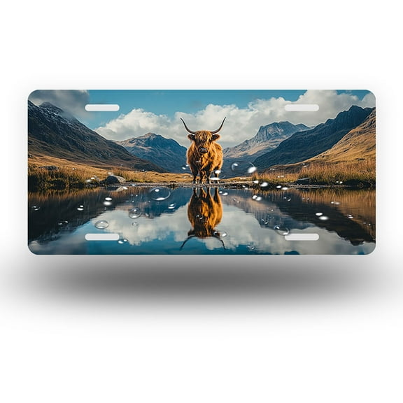 Highland Cow by Mountain Lake Front License Plate,Metal License Plate,Funny Standard Plates Personalized Novelty Decorative For Men/Women/Boys/Girls Car 6×12 Inch
