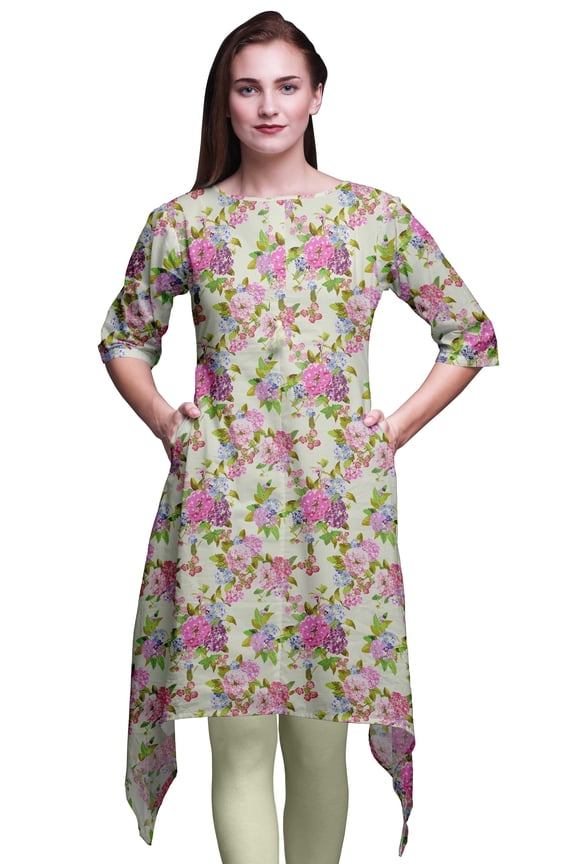 Yellow Leaves & Primula Floral Asymmetric Kurta Indian Tunic Tops For Women Printed Indian Clothing Small