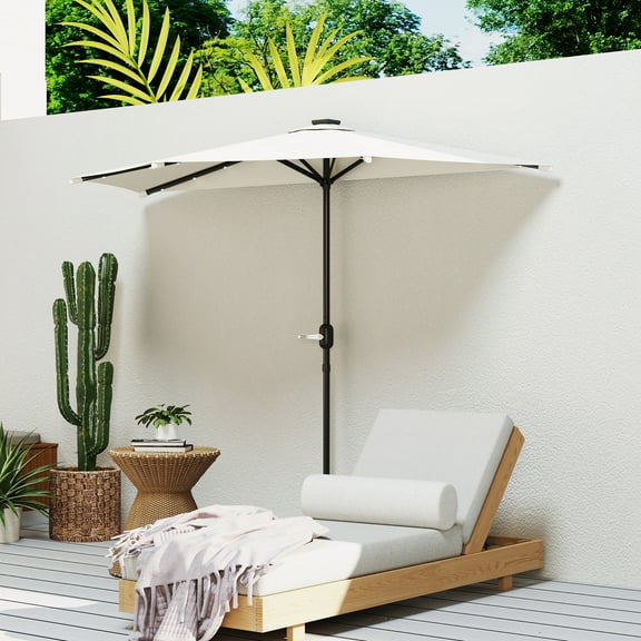 Outsunny Half Umbrella Outdoor Patio Umbrella, UPF 30  Small Balcony Umbrella, Vented Tiltable Half Patio Umbrella with Crank 8 Ribs, Cream White
