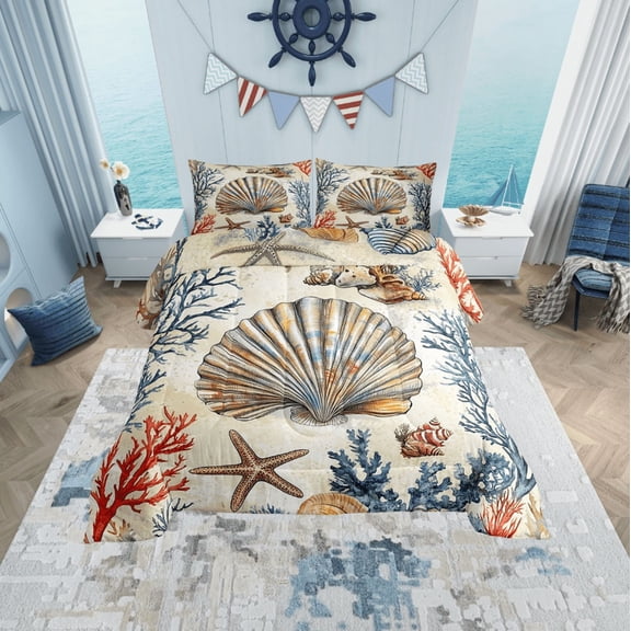 Erosebridal Vintage Seashell Comforter Sets Twin Size, Ocean Starfish Comforters & Duvets, Coral Duvet Insert, Breathable Bedroom Decorative, 2-Piece