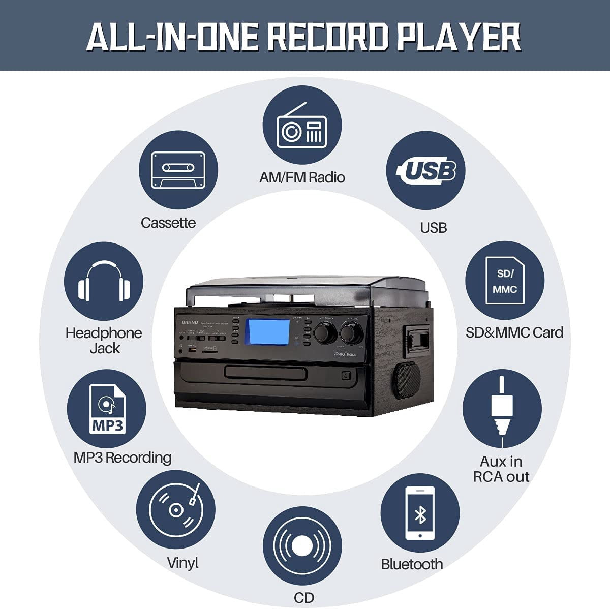 ORCC 10-in-1 Bluetooth Record Player Turntable for Vinyl Records CD Cassette USB/SD Convert