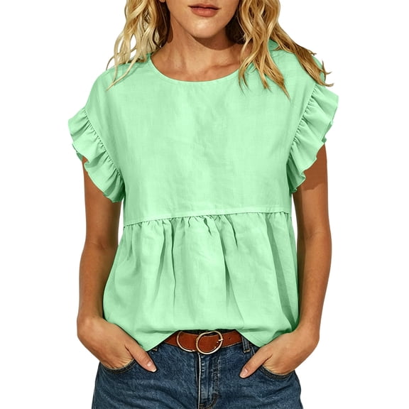 Drses Women's Puff Short Sleeve Babydoll Top, Round Neck Peplum Pleated Cotton T-Shirt, Loose Flowy Cute Blouse Hide Belly Casual Summer Cruise Wear