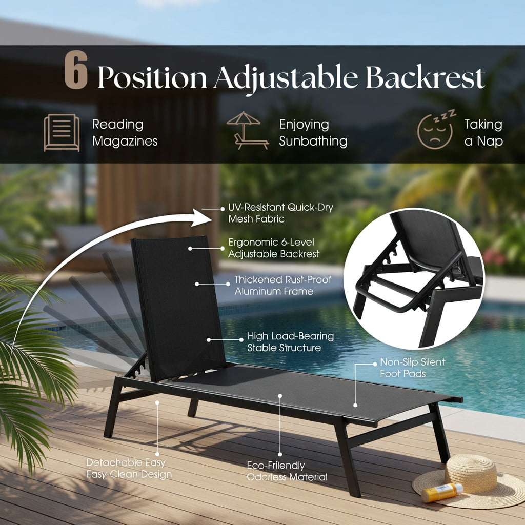 Hommoo 6-Position Adjustable Outdoor Chaise Lounge Chair, Heavy-Duty Steel Frame, Rustproof & Quick-Dry Fabric, Poolside & Backyard Recliner, Black