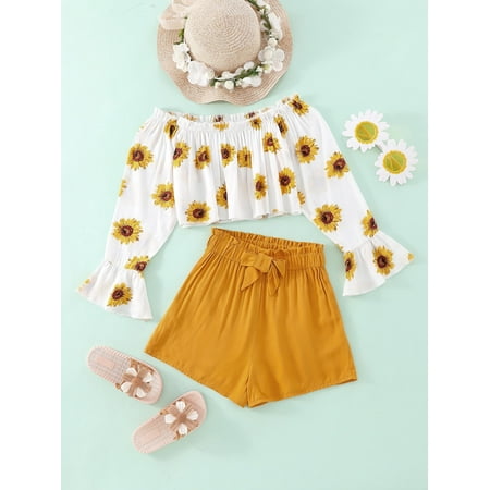 

Long Sleeve Girls Floral Print Flounce Sleeve Tops T Shirt Paperbag Waist Shorts S221904X Multicolor 120(5-6Y)