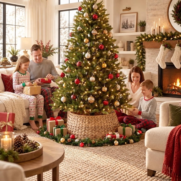Senfot Light Solid Color Rattan Christmas Tree Skirt Simple Basic Woven Tree Bottom Cover Indoor Home Xmas Farmhouse Decor