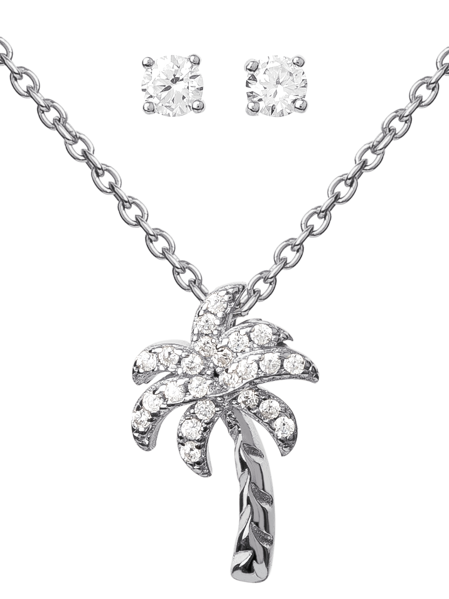 Sterling Silver Cubic Zirconia Palm Tree Pendant And Stud Earring Set, 18' + 2'