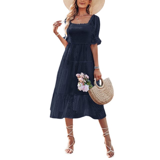 CHOK Robe Longue en Chiffon Été Manches Courtes Col Carré Robe Femme Décontractée Plage Vacances-Blanc TG