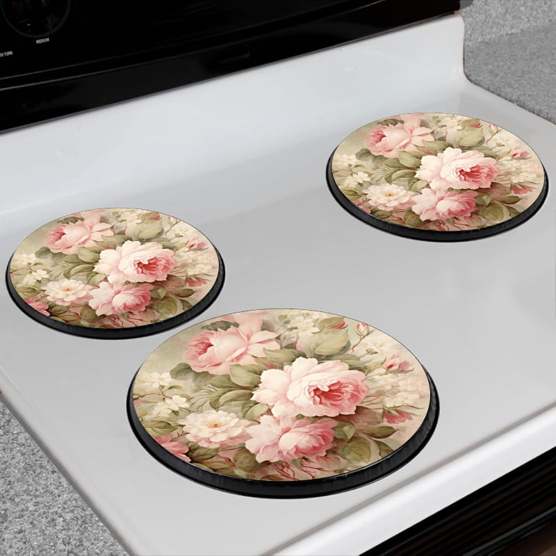 BaHomeck Electric Stove Burner Covers Set of 4,Round Metal Gas Stove Burner Covers 8 Inch and 10 Inch,Kitchen Decor,Vintage Floral With Pink Roses And White Blossoms