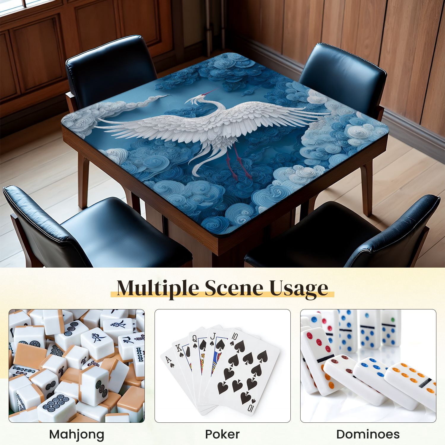 Chinoiserie Mahjong Mat 31.5" x 31.5" Majestic Crane Amidst Serene Clouds Blue Sky Non-Slip Noise Reduction Mahjong Tiles Table Cover for Dominoes Poker Card Board and Tile Games