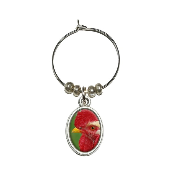 White Rooster Chicken Oval Wine Glass Charm