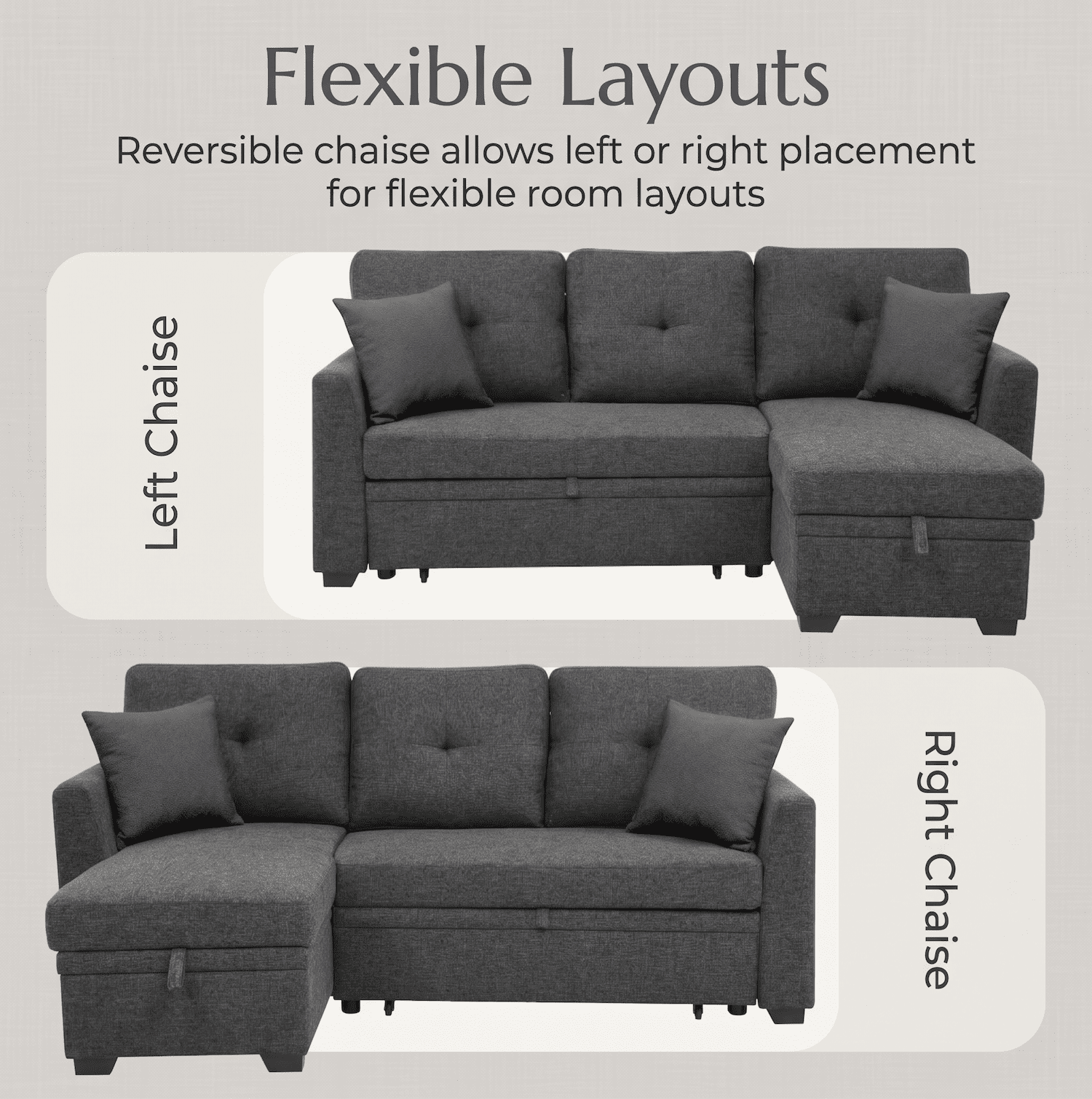 Convertible Sleeper Sofa Bed, 76.5" L Shaped Sectional Couch with Pull Out Bed, Storage Chaise & Reversible Lounge, Compact Linen Sectional Sofa for Small Space Apartment Living Room, Charcoal Black