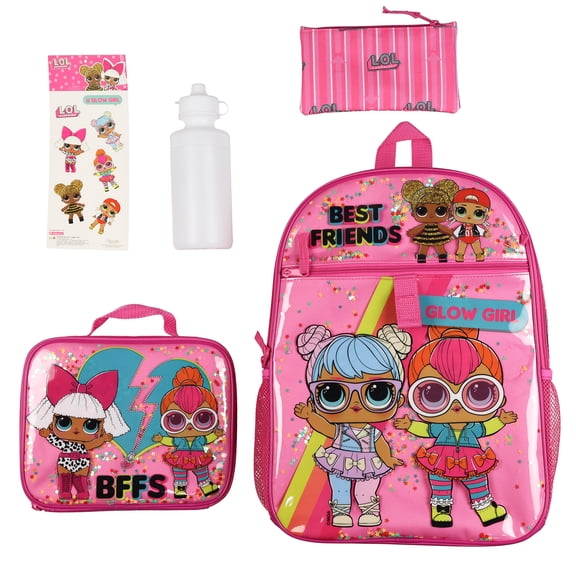 LOL Surprise Backpack 16" You Glow Girl 5 Piece Set Book Bag with Detachable Lunch Box