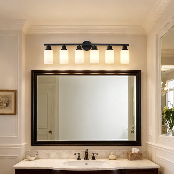 6-Light Matte Black Modern Vanity Light with White Glass Shades, E26 Base