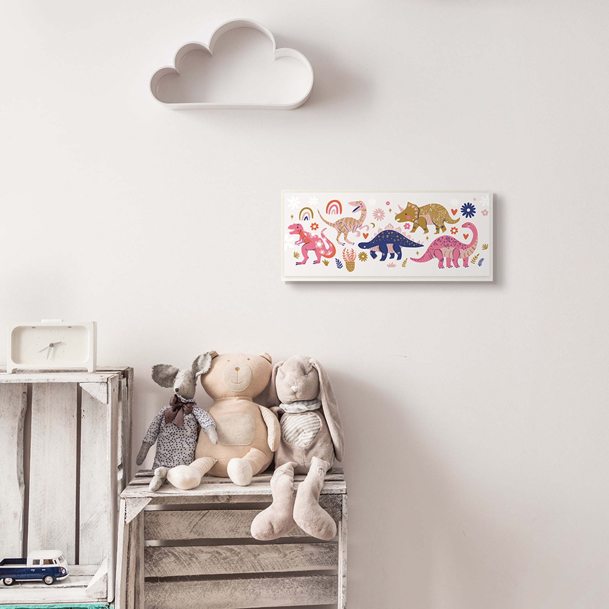 Stupell Industries Happy Whimsical Dinosaurs with Rainbow Florals,7 x 17,Designed by Arrolynn Weiderhold
