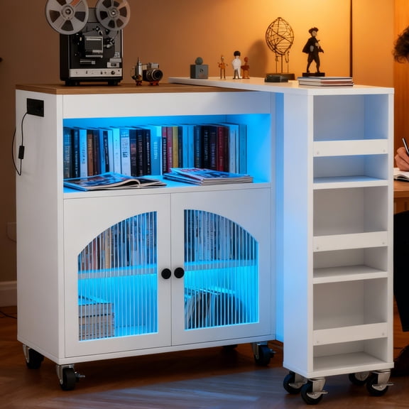 Rolling Kitchen Island with Storage, LED Light, USB Ports, Extended Table, & Glass Doors for Storage, Crafted from Premium MDF