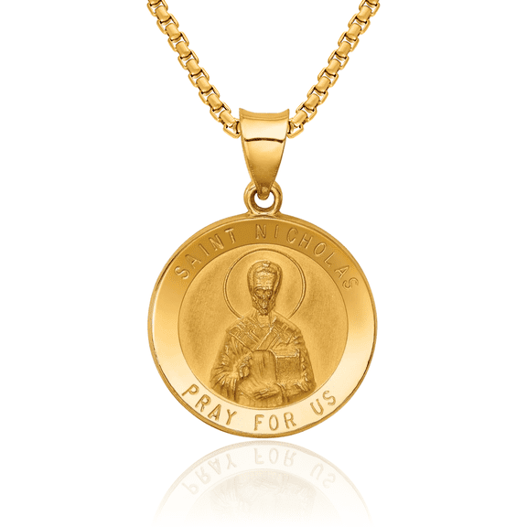 14K Solid Yellow Gold Saint Nicholas Medal Necklace Chain Pendant Charm