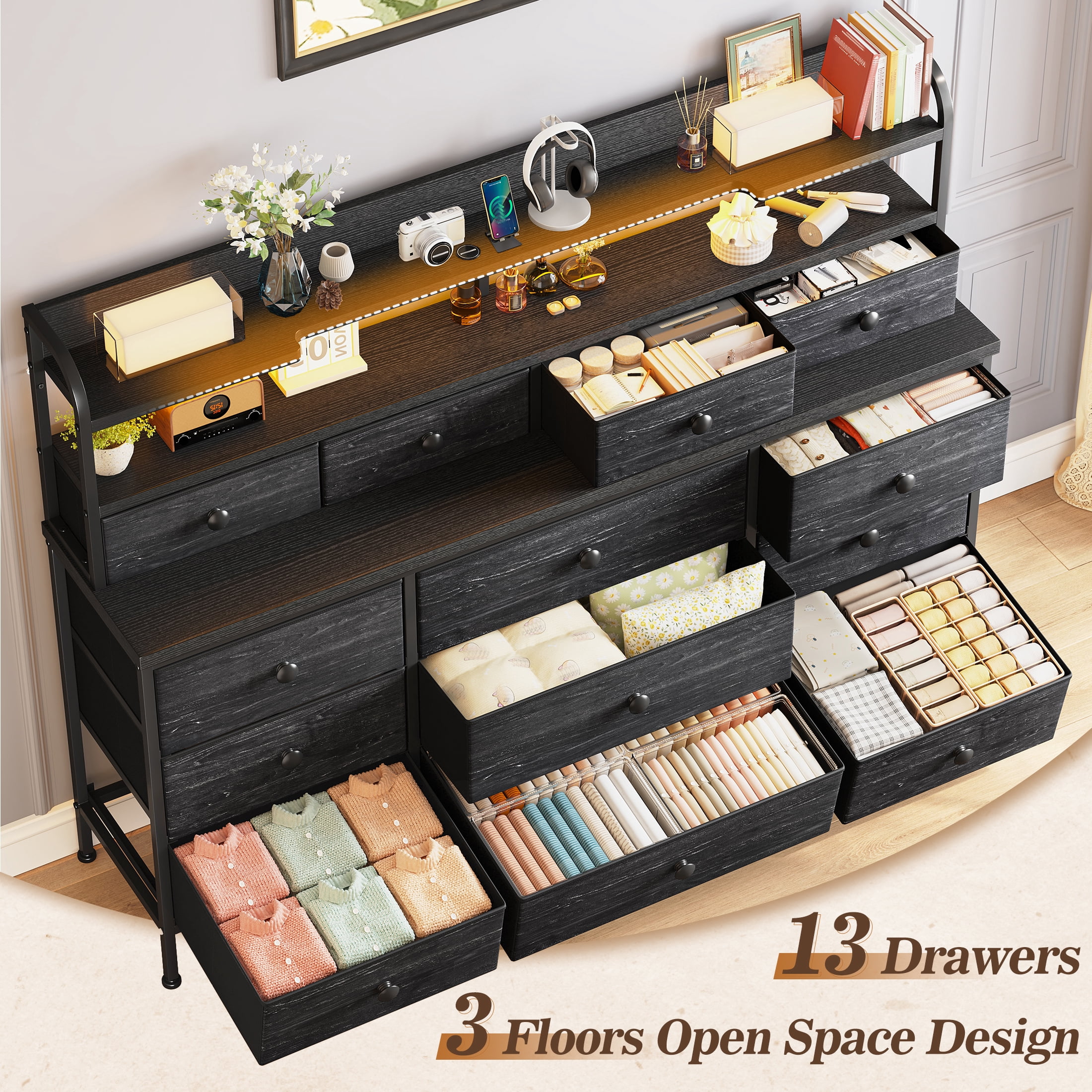 Black Dresser for Bedroom Long Dresser with 13 Fabric Drawers with Shelves for Closet with LED Light