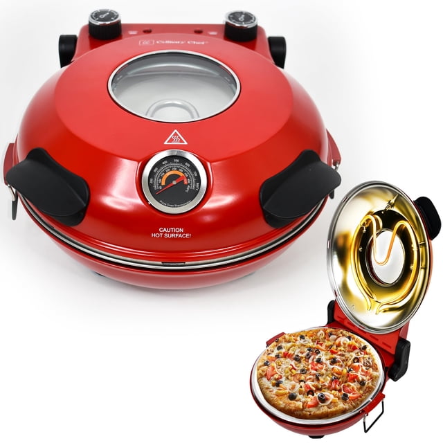 culinary chef horno eléctrico para pizza con piedra de cerámica, ventana de visualización, control de calor ajustable, temporizador y potencia de horneado de 1200 w — Horno eléctrico rojo para mostrador visto de frente y en 3/4 con ventana circular superior, termómetro analógico frontal, asas negras y piedra cerámica extraíble que contiene una pizza casera horneada; diseñado para pizzas estilo pizzería en casa y también suele usarse para recalentar focaccias pequeñas.