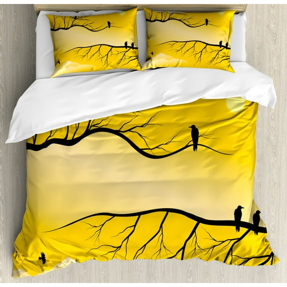 Black Crow Duvet Cover Set King Size, Artistic Silhouette Stylized Birds on Autumn Bare Branches, Decorative 3 Piece Bedding Set with 2 Pillow Shams, Charcoal Grey and Earth Yellow, by Ambesonne